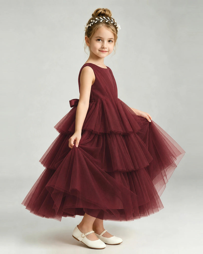 Burgundy Tulle A-line Pageant Dress Side View