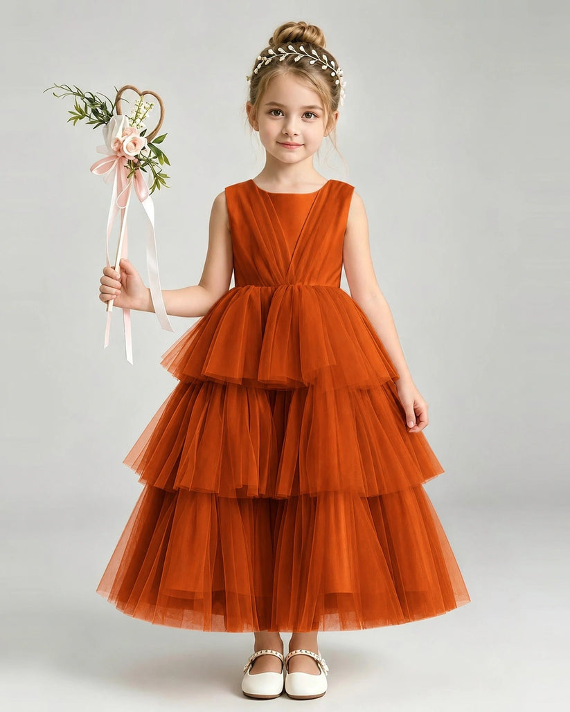 Burnt Orange Tulle Ball Gown Pageant Dress Front View