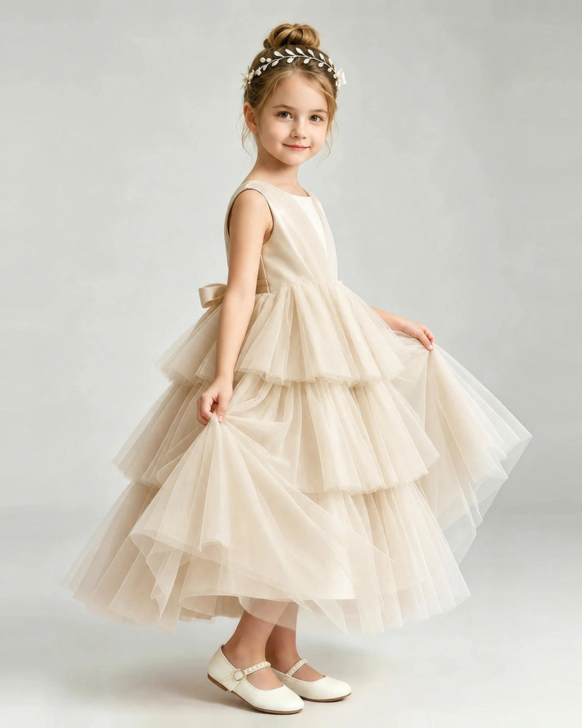 Champagne Tulle A-line Pageant Dress Front View