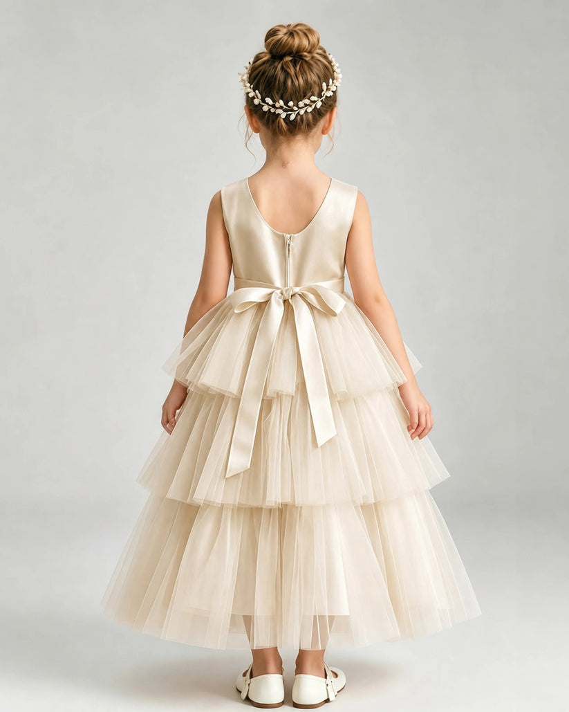 Champagne Tulle Ball Gown Pageant Dress Back View