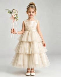 Dideyttawl Pink Pageant Dress Sleeveless Satin Tiered Tulle Ball Gown