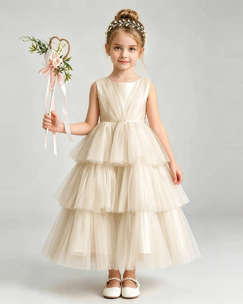 Champagne Tulle Ball Gown Pageant Dress Front View