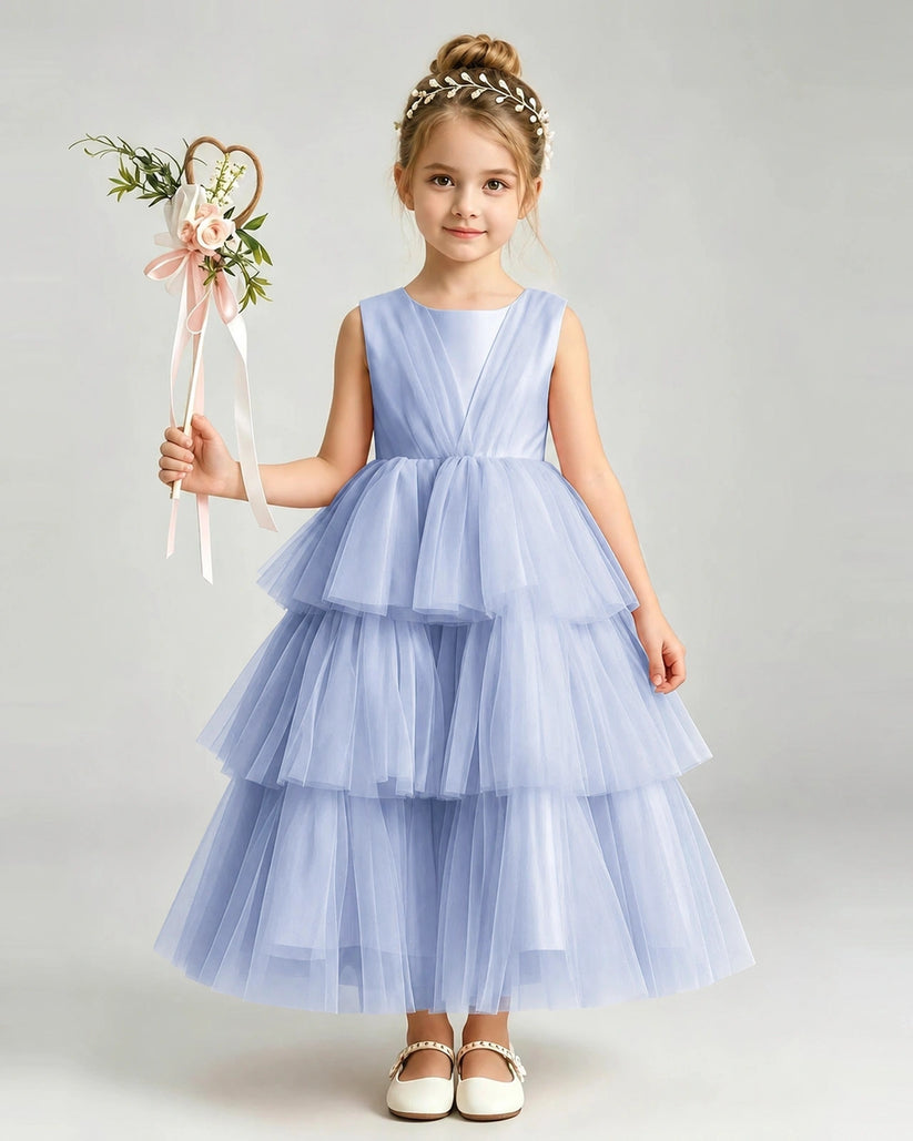 Dusty Blue Tulle A-line Pageant Dress Front View
