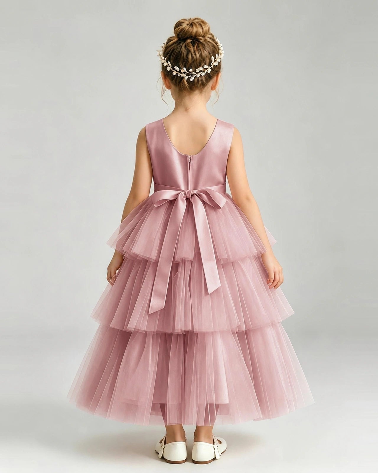 Dideyttawl Pink Pageant Dress Sleeveless Satin Tiered Tulle Ball Gown