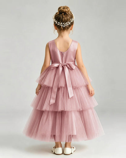 Dideyttawl White Flower Girl Dress | Sleeveless Satin Tiered Tulle Ball Gown