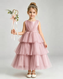 Dideyttawl Pink Pageant Dress Sleeveless Satin Tiered Tulle Ball Gown