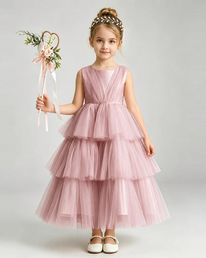 Dideyttawl White Flower Girl Dress | Sleeveless Satin Tiered Tulle Ball Gown