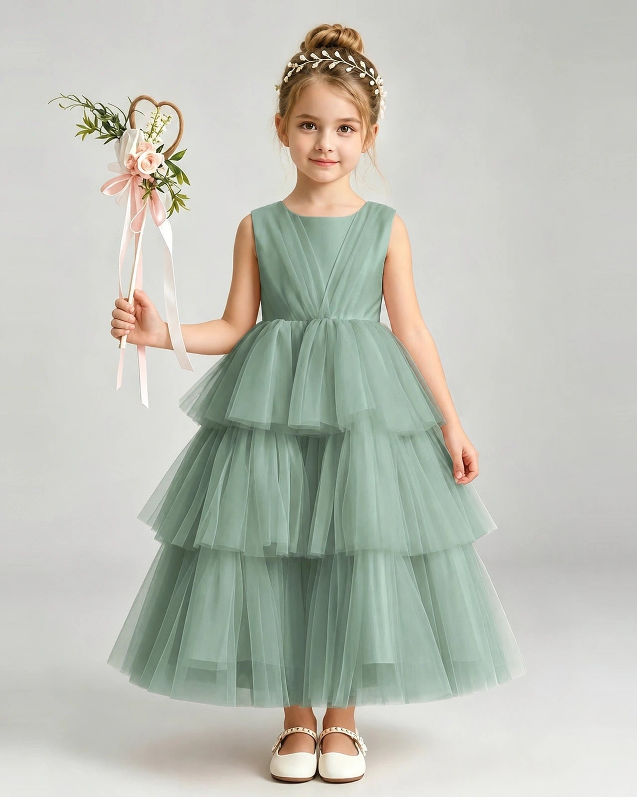 Dideyttawl White Flower Girl Dress | Sleeveless Satin Tiered Tulle Ball Gown