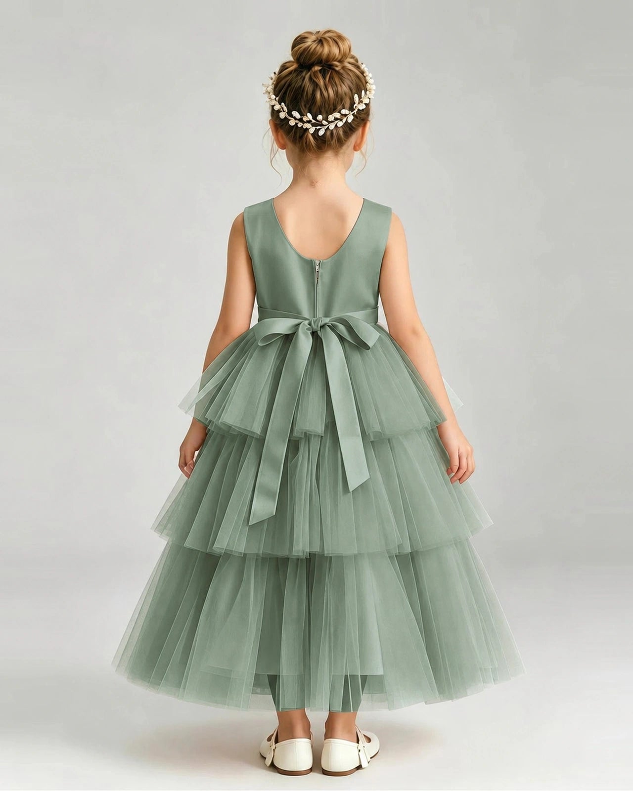 Dideyttawl White Flower Girl Dress | Sleeveless Satin Tiered Tulle Ball Gown