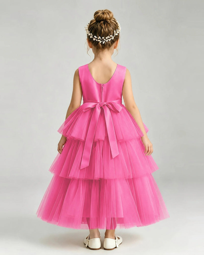 Hot Pink Tulle Ball Gown Pageant Dress Back View