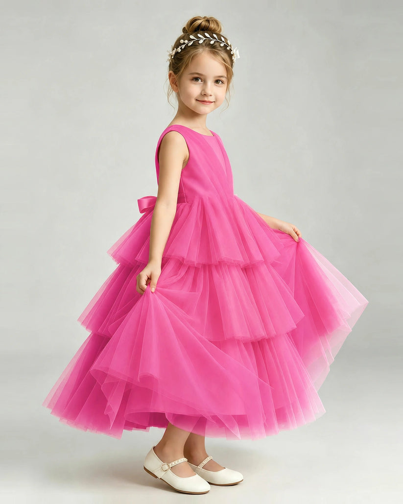 Hot Pink Tulle Ball Gown Pageant Dress Side View