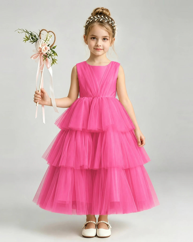Hot Pink Tulle Ball Gown Pageant Dress Front View