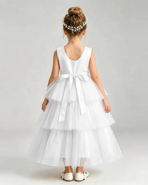 Dideyttawl Pink Pageant Dress Sleeveless Satin Tiered Tulle Ball Gown