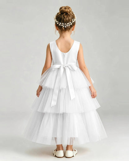Dideyttawl White Flower Girl Dress | Sleeveless Satin Tiered Tulle Ball Gown