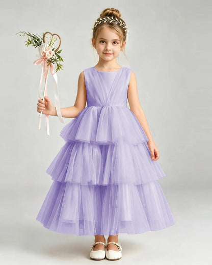 Dideyttawl White Flower Girl Dress | Sleeveless Satin Tiered Tulle Ball Gown