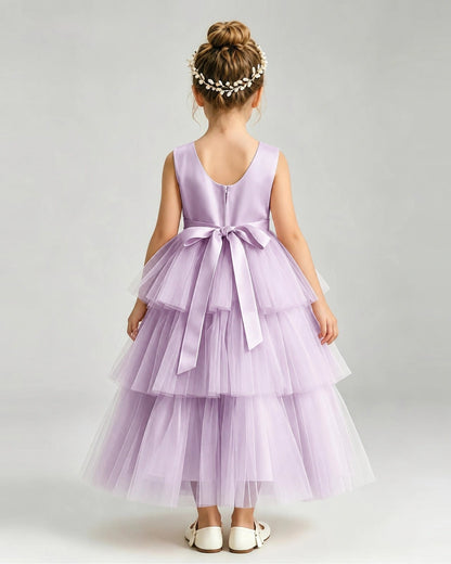 Dideyttawl White Flower Girl Dress | Sleeveless Satin Tiered Tulle Ball Gown