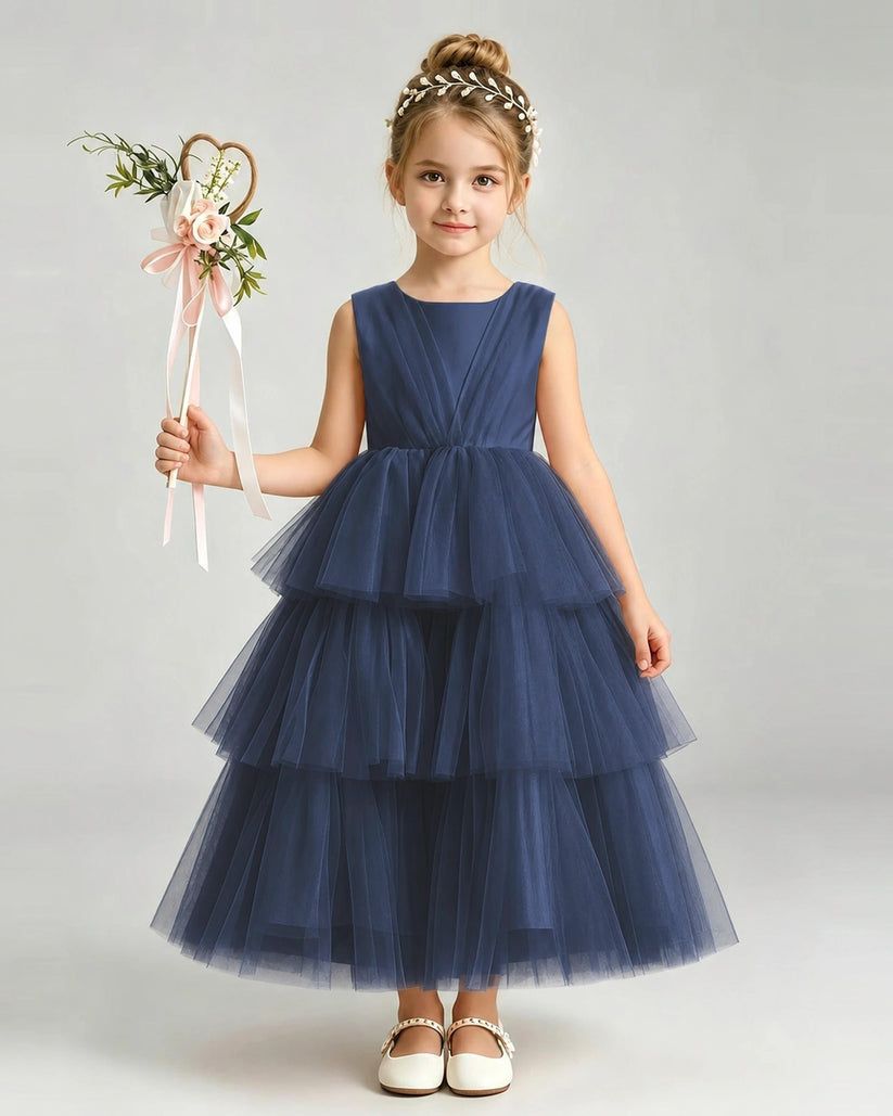 Navy Blue Tulle Ball Gown Pageant Dress Front View