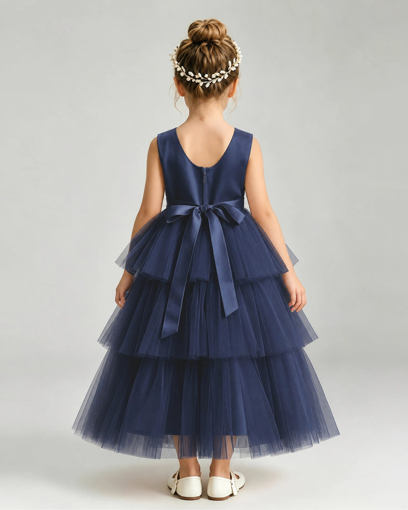 Navy Blue Tulle A-line Pageant Dress Back View
