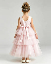 Dideyttawl Pink Pageant Dress Sleeveless Satin Tiered Tulle Ball Gown