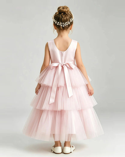 Dideyttawl White Flower Girl Dress | Sleeveless Satin Tiered Tulle Ball Gown