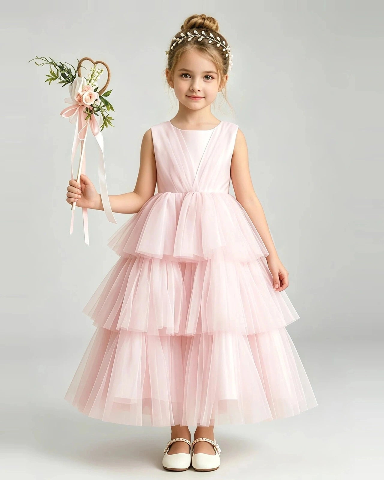 Dideyttawl White Flower Girl Dress | Sleeveless Satin Tiered Tulle Ball Gown