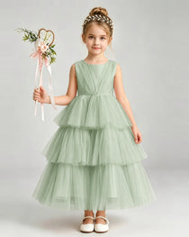 Dideyttawl Pink Pageant Dress Sleeveless Satin Tiered Tulle Ball Gown