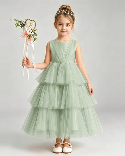 Dideyttawl White Flower Girl Dress | Sleeveless Satin Tiered Tulle Ball Gown