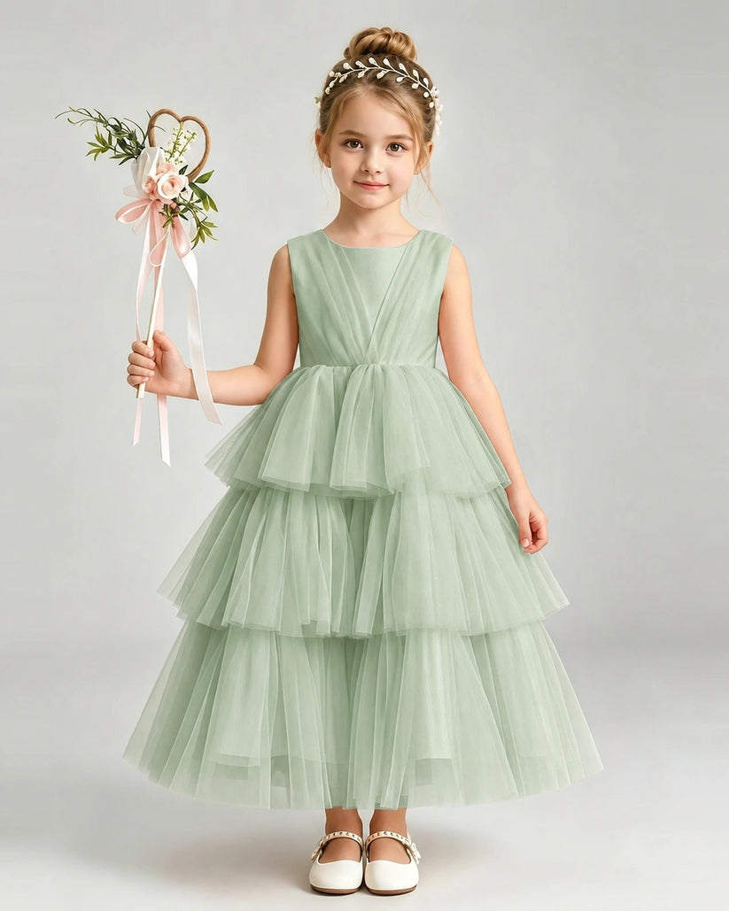 Sage Green Tulle Tiered Ball Gown Pageant Dress Front View