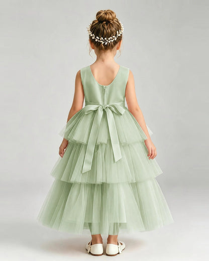 Dideyttawl White Flower Girl Dress | Sleeveless Satin Tiered Tulle Ball Gown