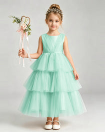 Dideyttawl Pink Pageant Dress Sleeveless Satin Tiered Tulle Ball Gown