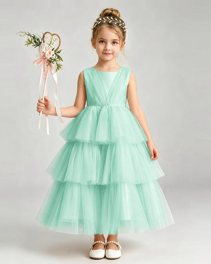 Dideyttawl White Flower Girl Dress | Sleeveless Satin Tiered Tulle Ball Gown