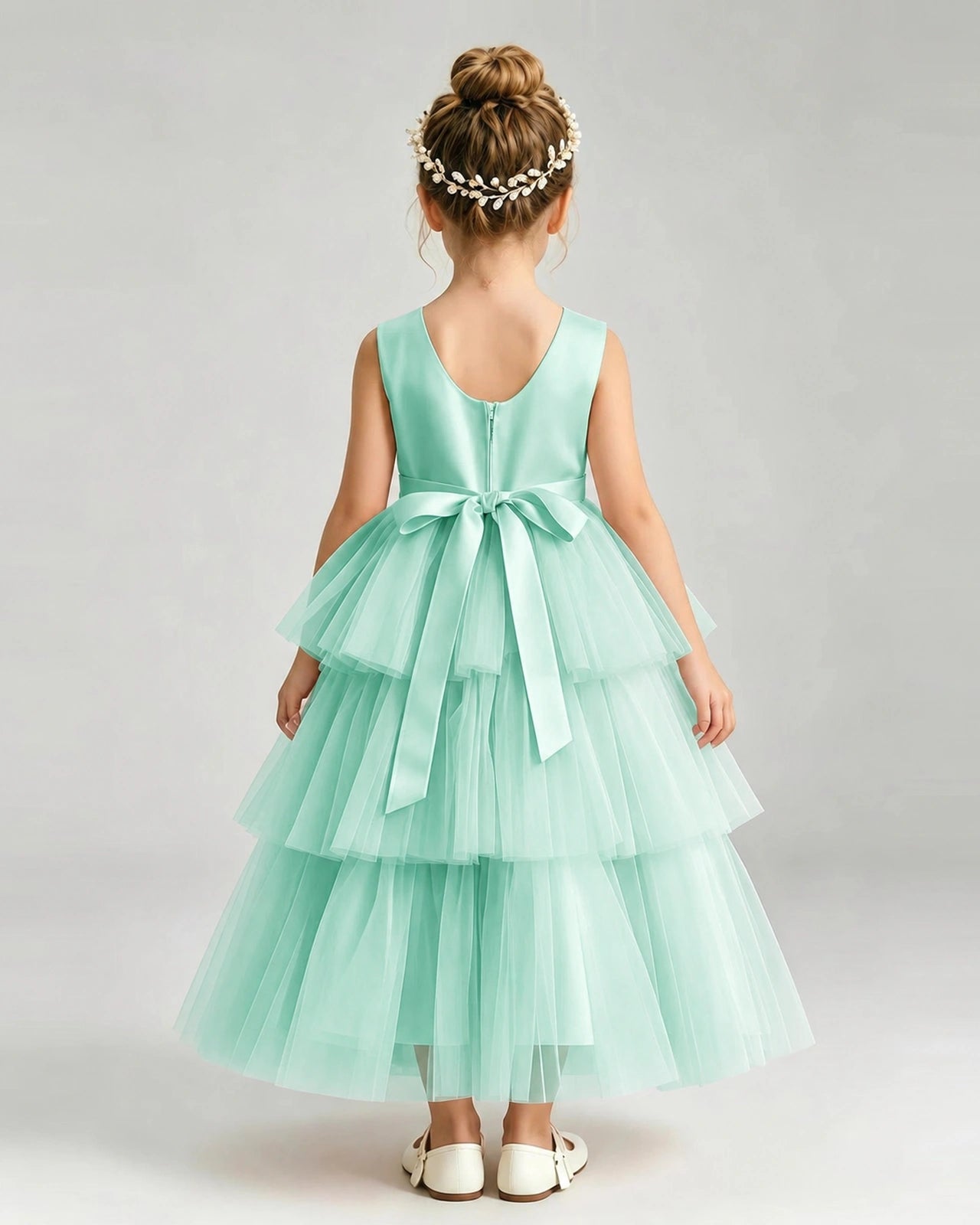 Dideyttawl White Flower Girl Dress | Sleeveless Satin Tiered Tulle Ball Gown