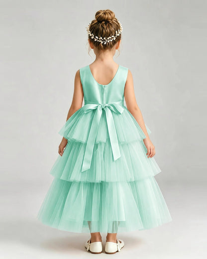 Dideyttawl White Flower Girl Dress | Sleeveless Satin Tiered Tulle Ball Gown