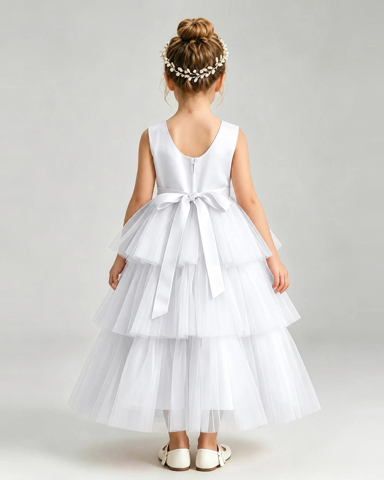 Dideyttawl White Flower Girl Dress | Sleeveless Satin Tiered Tulle Ball Gown