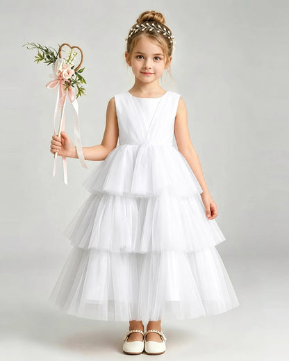 Dideyttawl White Flower Girl Dress | Sleeveless Satin Tiered Tulle Ball Gown