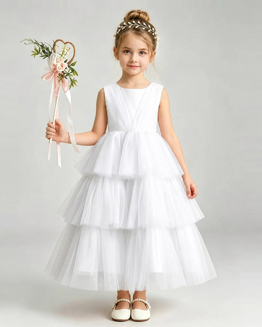 White Tulle A-line Pageant Dress Front View