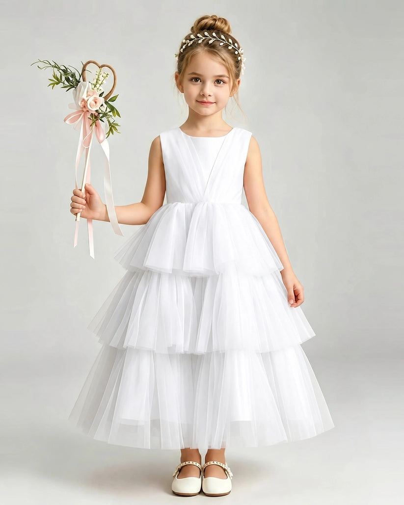 White Tulle A-line Pageant Dress Front View