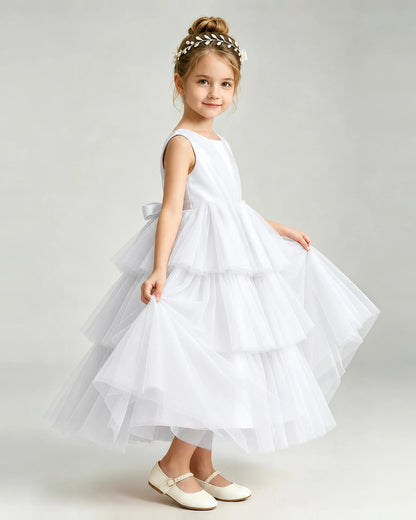 Dideyttawl White Flower Girl Dress | Sleeveless Satin Tiered Tulle Ball Gown