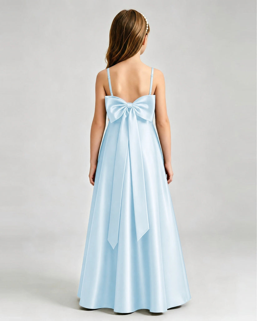Baby Blue Satin A-line Girls Formal Dress Back View