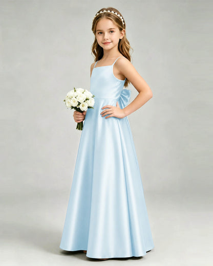 Baby Blue Junior Bridesmaid Dress Spaghetti Strap Satin Bow A-Line Floor-Length Gown Side Full View