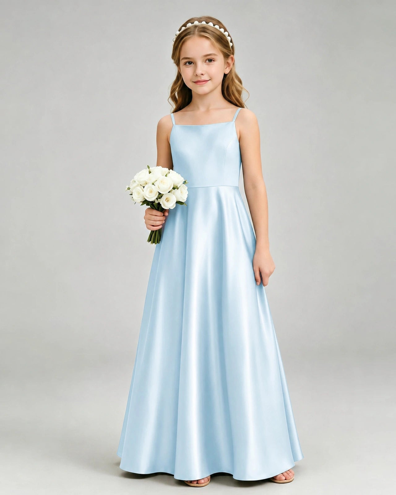 Baby Blue Junior Bridesmaid Dress | Spaghetti Strap Satin Bow Floor-Length Gown