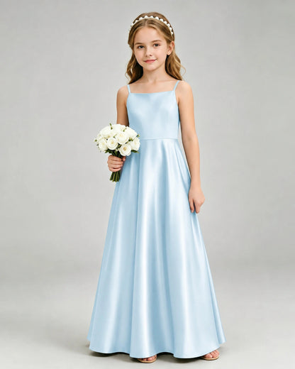 Baby Blue Junior Bridesmaid Dress Spaghetti Strap Satin Bow A-Line Floor-Length Gown Front Full View