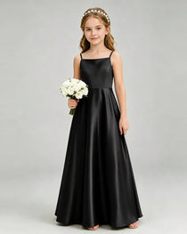 Black Junior Bridesmaid Dress Spaghetti Strap Satin Bow A-Line Floor-Length Gown Front Full View