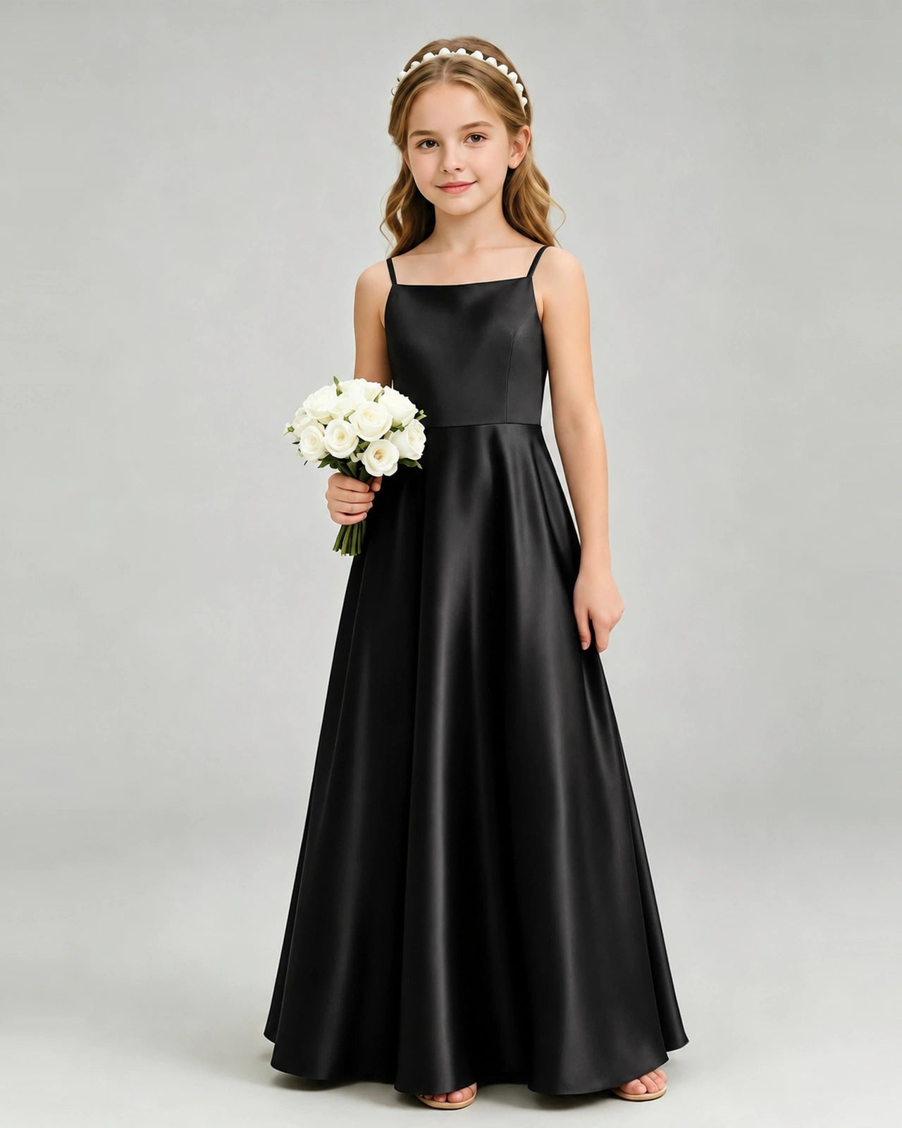 Black Junior Bridesmaid Dress Spaghetti Strap Satin Bow A-Line Floor-Length Gown Front Full View