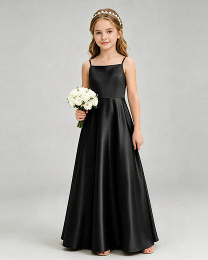 Black Junior Bridesmaid Dress Spaghetti Strap Satin Bow A-Line Floor-Length Gown Front Full View