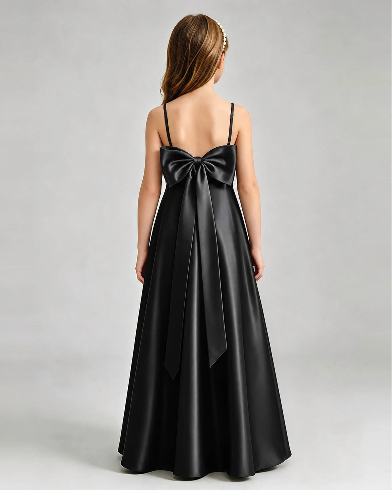 Black Junior Bridesmaid Dress Spaghetti Strap Satin Bow A-Line Floor-Length Gown Back Full View