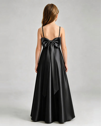Black Junior Bridesmaid Dress Spaghetti Strap Satin Bow A-Line Floor-Length Gown Back Full View