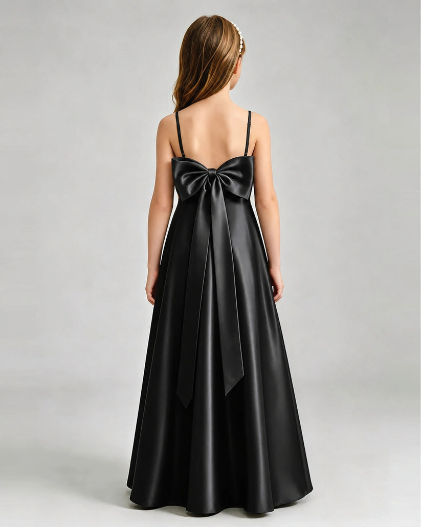 Black Satin A-line Girls Formal Dress Back View