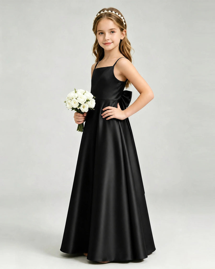 Black Satin A-line Girls Formal Dress Side View