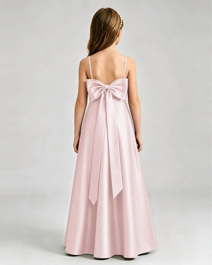 Blush Pink Junior Bridesmaid Dress Spaghetti Strap Satin Bow A-Line Floor-Length Gown Back Full View